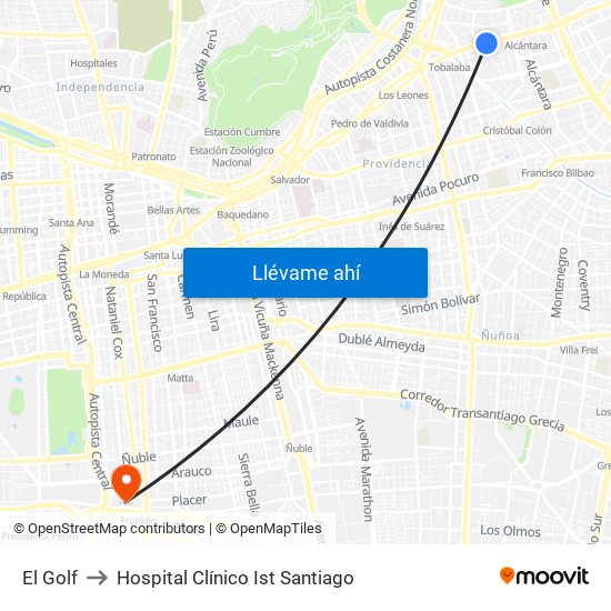 El Golf to Hospital Clínico Ist Santiago map