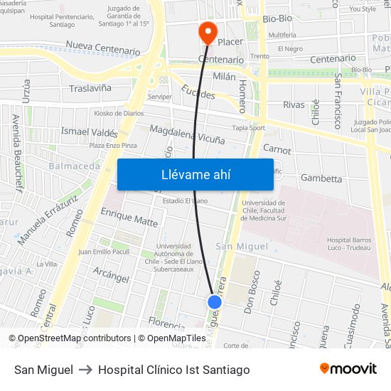 San Miguel to Hospital Clínico Ist Santiago map