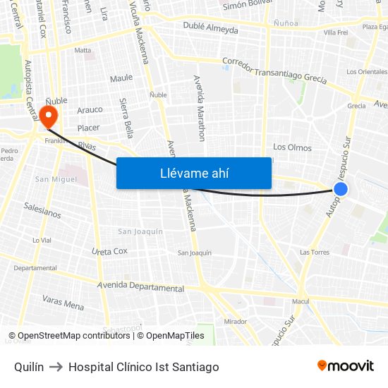 Quilín to Hospital Clínico Ist Santiago map