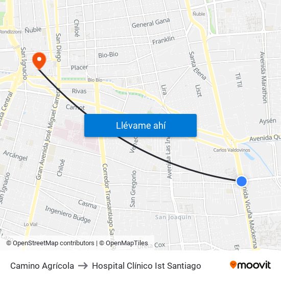 Camino Agrícola to Hospital Clínico Ist Santiago map