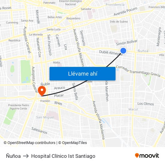 Ñuñoa to Hospital Clínico Ist Santiago map
