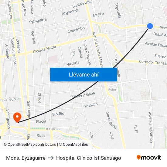 Mons. Eyzaguirre to Hospital Clínico Ist Santiago map