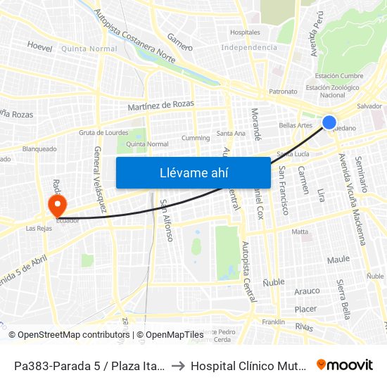 Pa383-Parada 5 / Plaza Italia to Hospital Clínico Mutual map