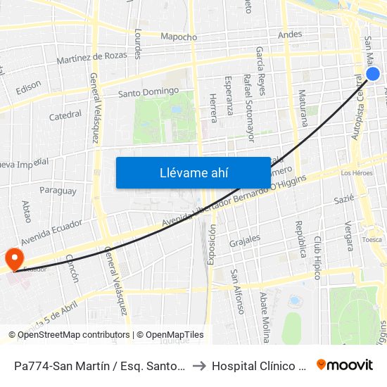 Pa774-San Martín / Esq. Santo Domingo to Hospital Clínico Mutual map