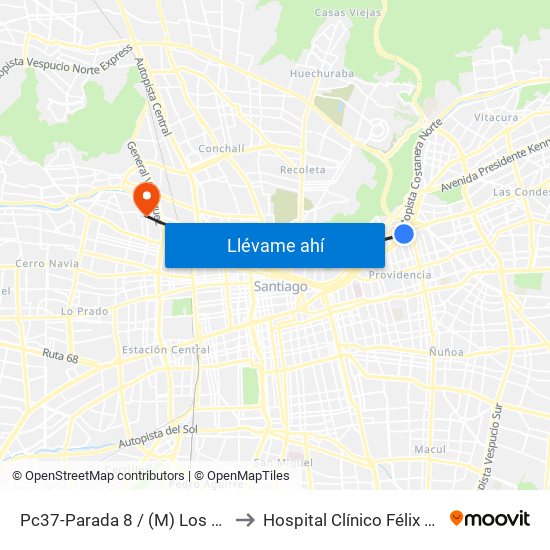 Pc37-Parada 8 / (M) Los Leones to Hospital Clínico Félix Bulnes map