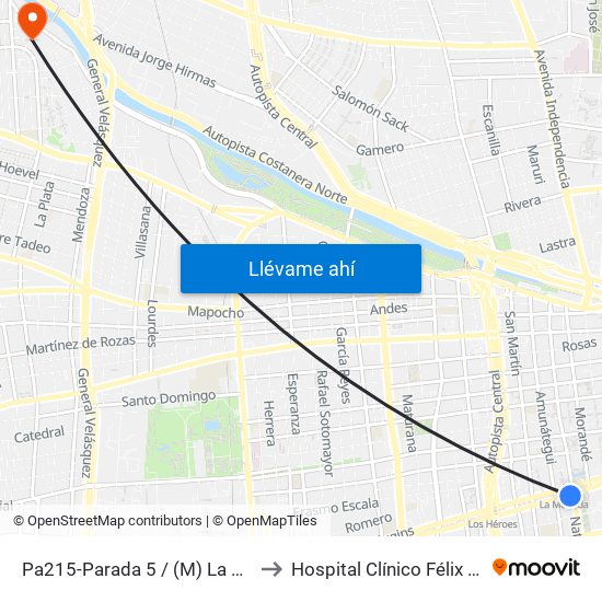 Pa215-Parada 5 / (M) La Moneda to Hospital Clínico Félix Bulnes map