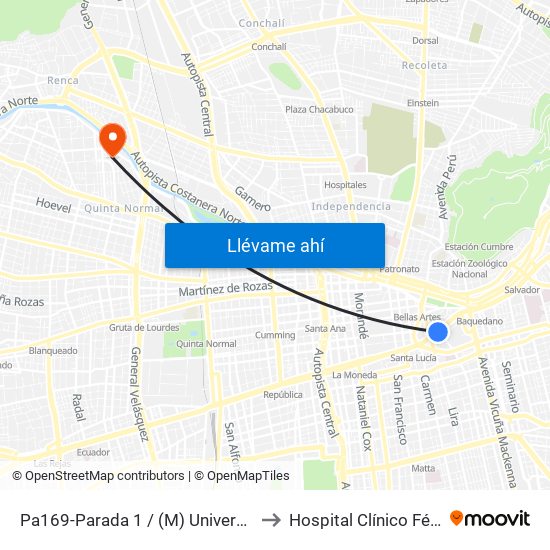 Pa169-Parada 1 / (M) Universidad Católica to Hospital Clínico Félix Bulnes map