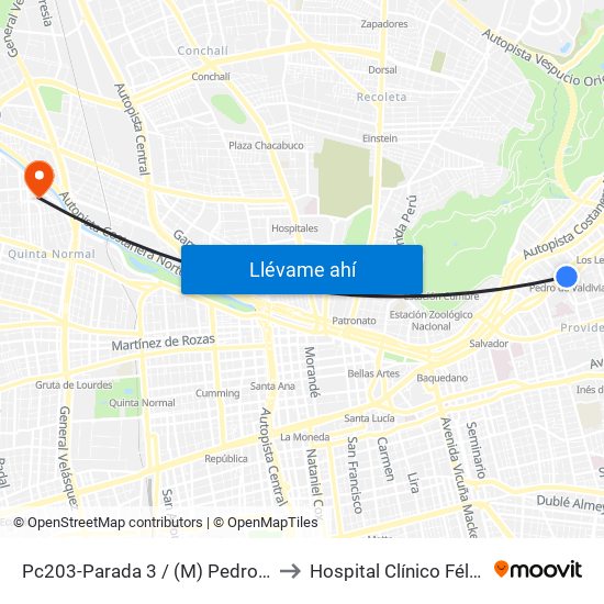 Pc203-Parada 3 / (M) Pedro De Valdivia to Hospital Clínico Félix Bulnes map