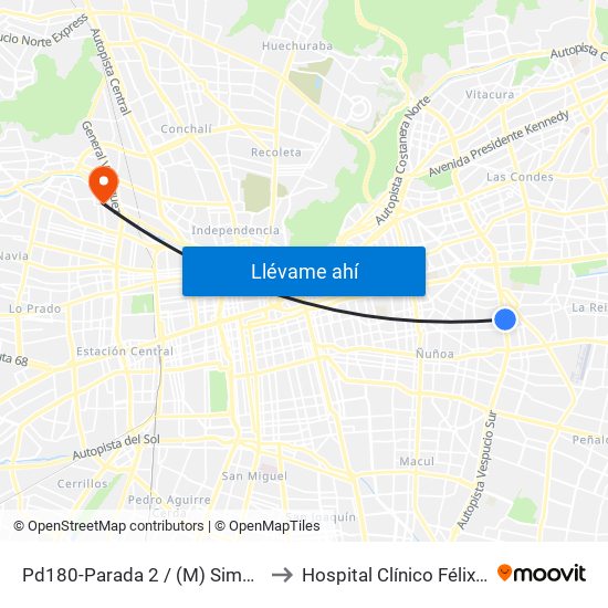 Pd180-Parada 2 / (M) Simón Bolívar to Hospital Clínico Félix Bulnes map