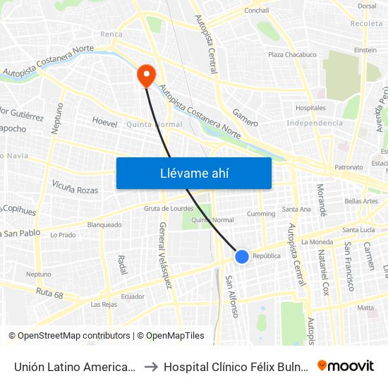 Unión Latino Americana to Hospital Clínico Félix Bulnes map