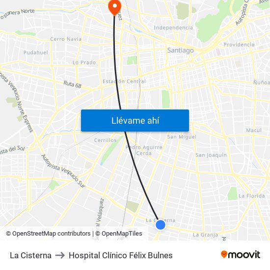 La Cisterna to Hospital Clínico Félix Bulnes map