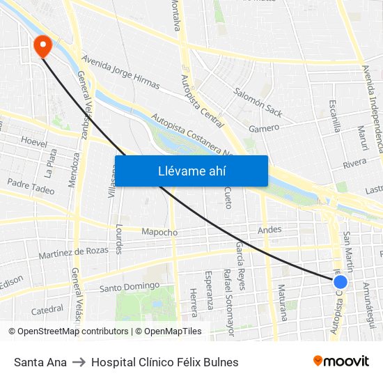 Santa Ana to Hospital Clínico Félix Bulnes map