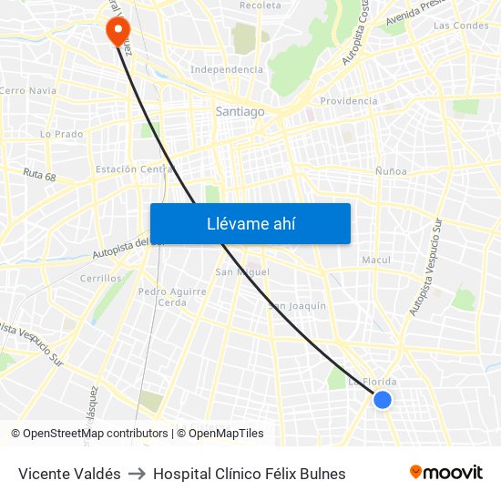 Vicente Valdés to Hospital Clínico Félix Bulnes map