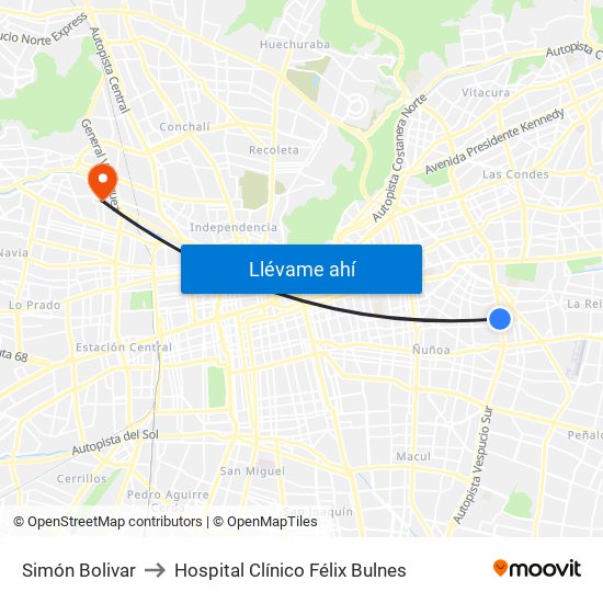 Simón Bolivar to Hospital Clínico Félix Bulnes map