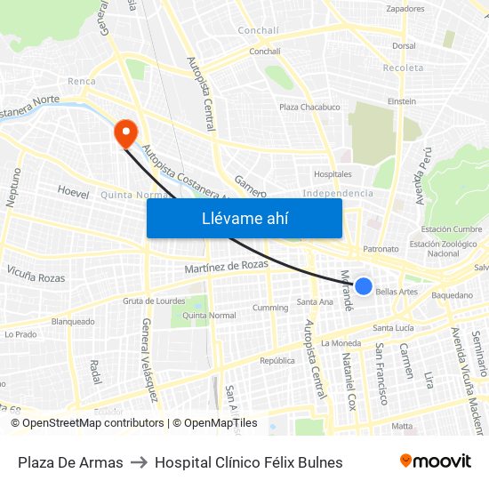 Plaza De Armas to Hospital Clínico Félix Bulnes map