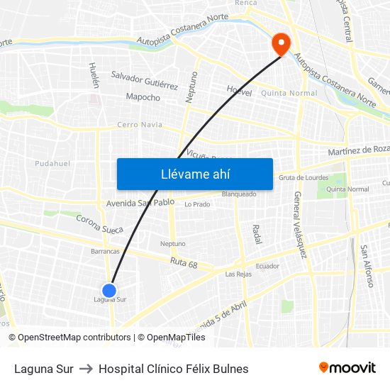Laguna Sur to Hospital Clínico Félix Bulnes map