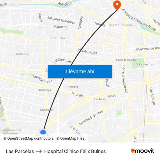 Las Parcelas to Hospital Clínico Félix Bulnes map