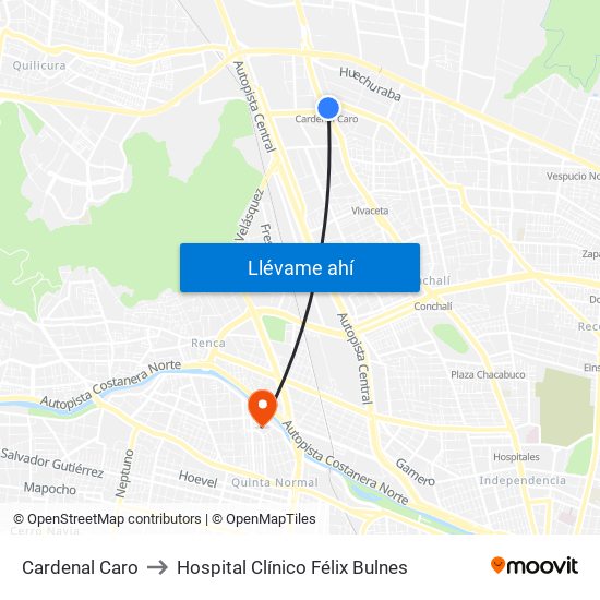 Cardenal Caro to Hospital Clínico Félix Bulnes map