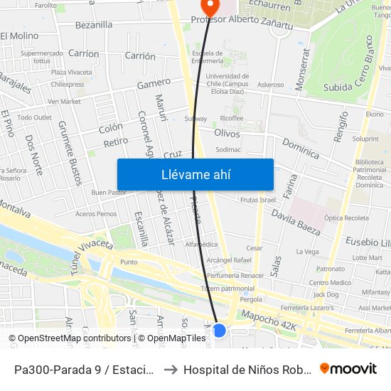 Pa300-Parada 9 / Estación Mapocho to Hospital de Niños Roberto del Río map