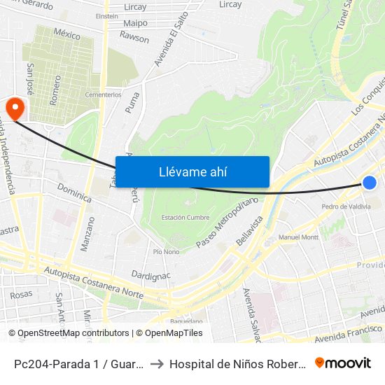Pc204-Parada 1 / Guardia Vieja to Hospital de Niños Roberto del Río map
