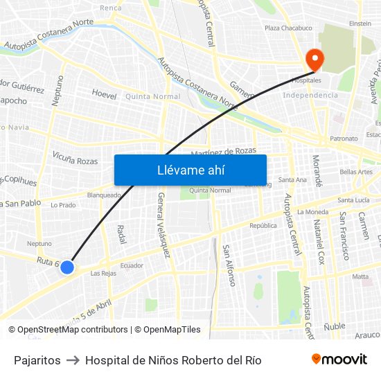 Pajaritos to Hospital de Niños Roberto del Río map