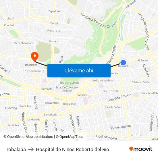 Tobalaba to Hospital de Niños Roberto del Río map