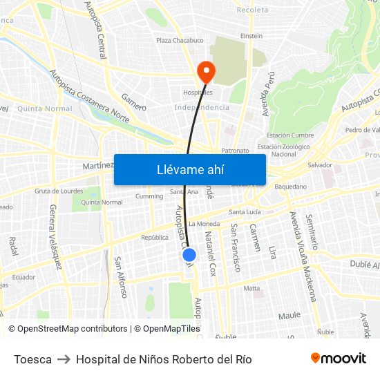 Toesca to Hospital de Niños Roberto del Río map