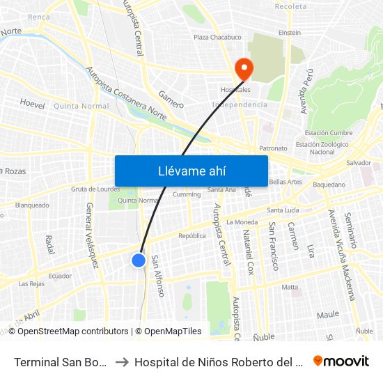 Terminal San Borja to Hospital de Niños Roberto del Río map