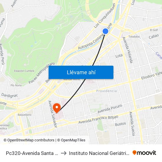 Pc320-Avenida Santa María / Esq. Puente Los Leones to Instituto Nacional Geriátrico Presidente Eduardo Frei Montalva map