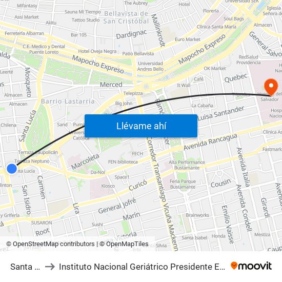 Santa Lucía to Instituto Nacional Geriátrico Presidente Eduardo Frei Montalva map