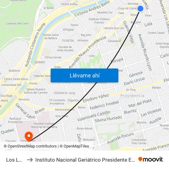 Los Leones to Instituto Nacional Geriátrico Presidente Eduardo Frei Montalva map