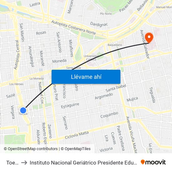 Toesca to Instituto Nacional Geriátrico Presidente Eduardo Frei Montalva map