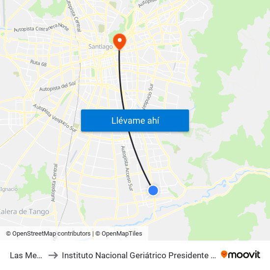 Las Mercedes to Instituto Nacional Geriátrico Presidente Eduardo Frei Montalva map