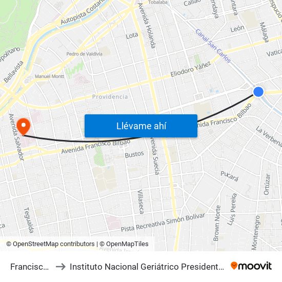 Francisco Bilbao to Instituto Nacional Geriátrico Presidente Eduardo Frei Montalva map