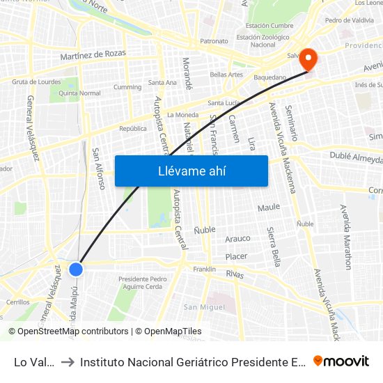 Lo Valledor to Instituto Nacional Geriátrico Presidente Eduardo Frei Montalva map