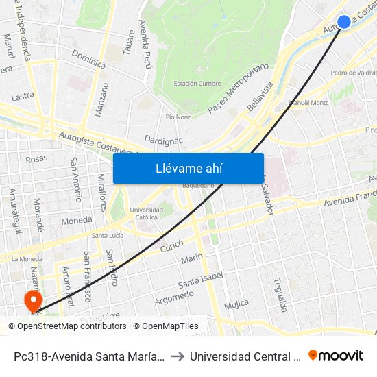 Pc318-Avenida Santa María / Esq. Av. Pedro De Valdivia to Universidad Central - Centro De Extensión map