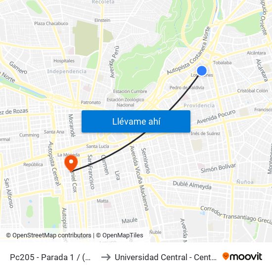 Pc205 - Parada 1 / (M) Los Leones to Universidad Central - Centro De Extensión map
