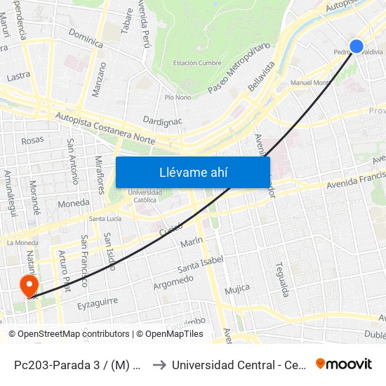 Pc203-Parada 3 / (M) Pedro De Valdivia to Universidad Central - Centro De Extensión map