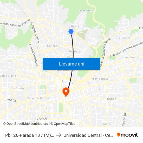 Pb126-Parada 13 / (M) Vespucio Norte to Universidad Central - Centro De Extensión map