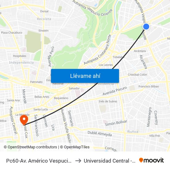 Pc60-Av. Américo Vespucio / Esq. Av. Pdte. Kennedy to Universidad Central - Centro De Extensión map