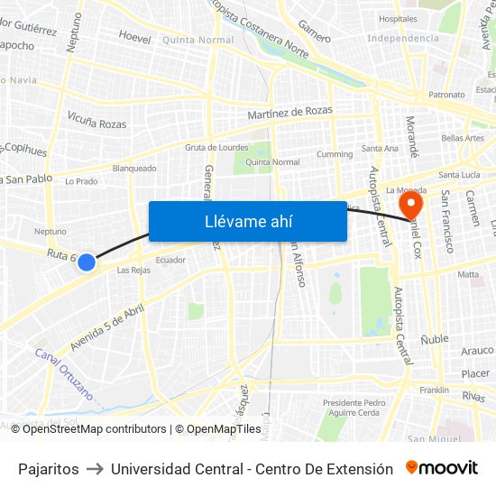 Pajaritos to Universidad Central - Centro De Extensión map