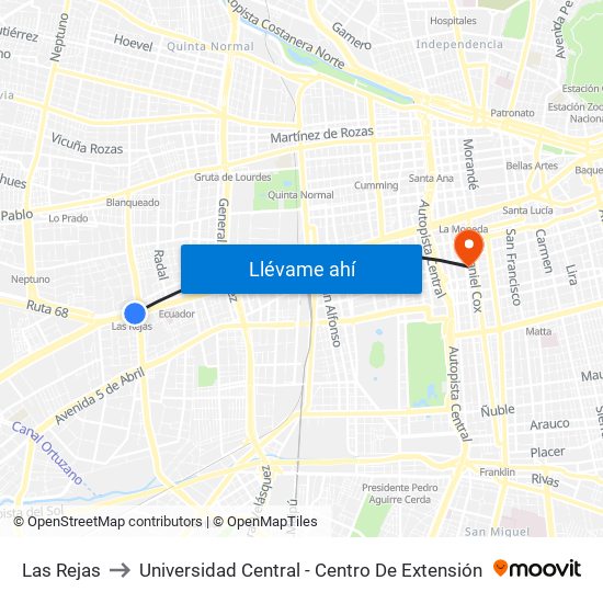 Las Rejas to Universidad Central - Centro De Extensión map