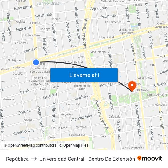 República to Universidad Central - Centro De Extensión map