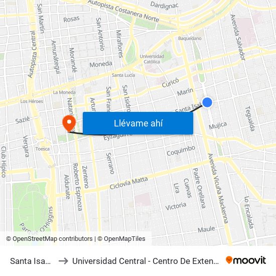 Santa Isabel to Universidad Central - Centro De Extensión map