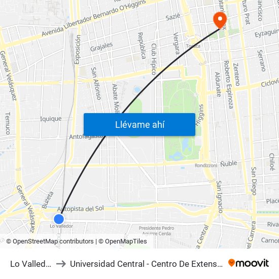 Lo Valledor to Universidad Central - Centro De Extensión map