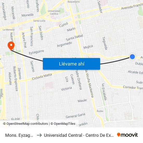 Mons. Eyzaguirre to Universidad Central - Centro De Extensión map