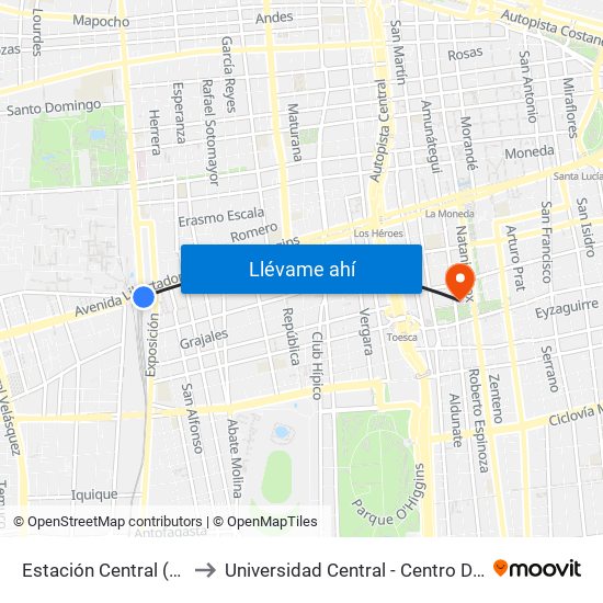 Estación Central (Anden1) to Universidad Central - Centro De Extensión map