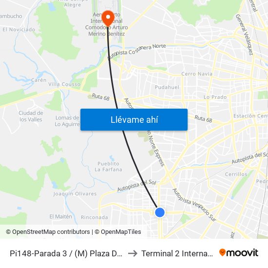 Pi148-Parada 3 / (M) Plaza De Maipú to Terminal 2 Internacional map