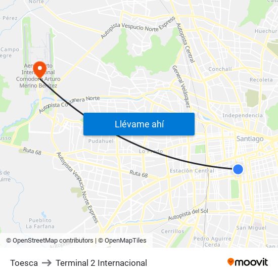 Toesca to Terminal 2 Internacional map