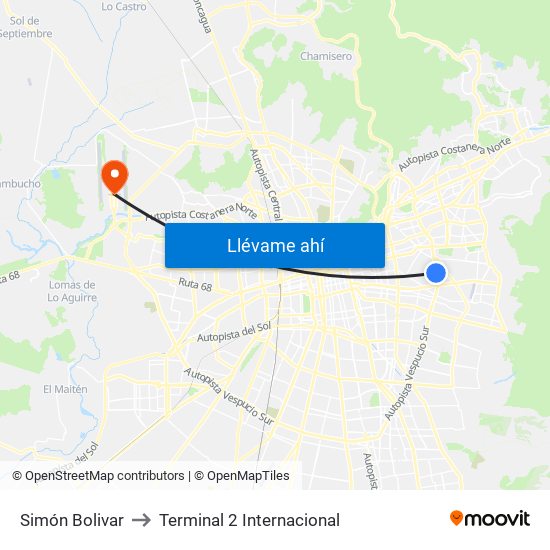 Simón Bolivar to Terminal 2 Internacional map